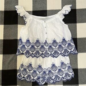 Calypso St Barth White Blue Embroidered Cotton Sleepwear Set Top Shorts Size S